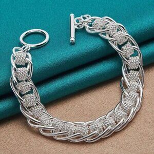 925 Sterling Silver Plated Many Circle Charm Chain Bracelet 7.5 long